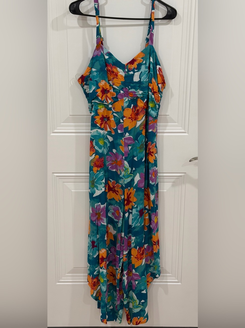 Teal Floral Jumpsuit with Orange & Purple Blooms NWT